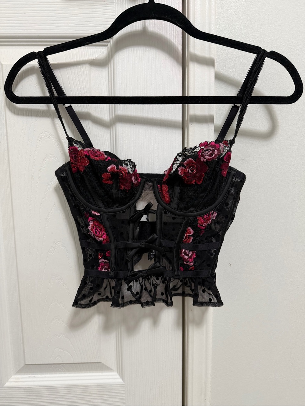 For Love & Lemons Black Lace Bustier with Pink and Red Rose Embroidery